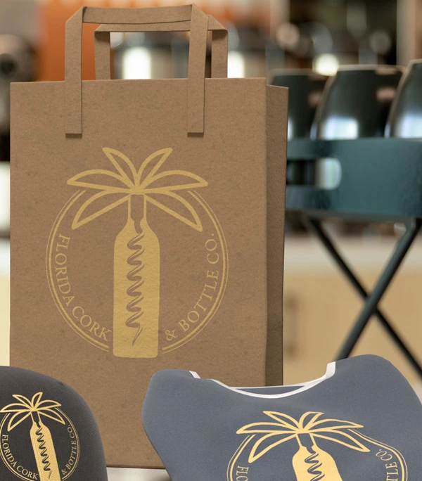 Florida Cork & Bottle branded bag packaging by Squeegie Studios